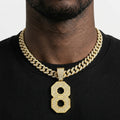 Iced Out Number 8 Pendant Necklace on Cuban Link Chain – Jersey-Style Numeral with Octagon Cutouts | Silver or Gold