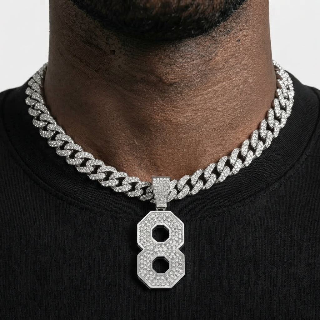 Iced Out Number 8 Pendant Necklace on Cuban Link Chain – Jersey-Style Numeral with Octagon Cutouts | Silver or Gold