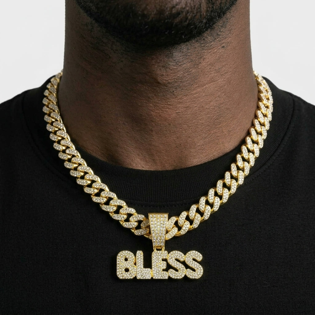 Iced Out BLESS Pendant Necklace on Cuban Link Chain – Bold Bubble Letters | Gold or Silver