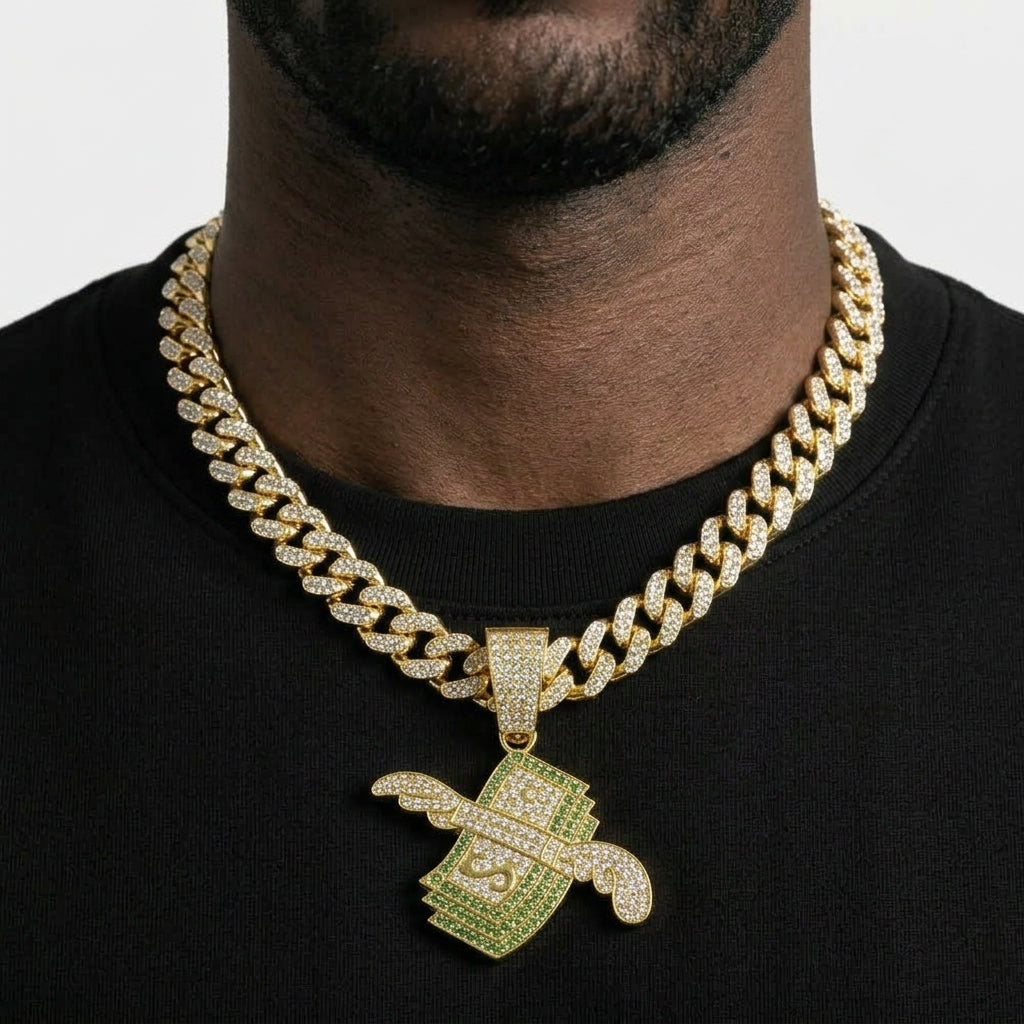 Iced Out Flying Money Pendant Necklace on Cuban Link Chain – Winged Cash Stack with Green Stones | Silver or Gold