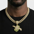 Iced Out Flying Money Pendant Necklace on Cuban Link Chain – Winged Cash Stack with Green Stones | Silver or Gold