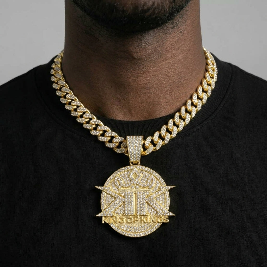 Iced Out King of Kings Medallion Pendant Necklace on Cuban Link Chain – Crowned Double-K Emblem, Religious Jewelry | Silver or Gold