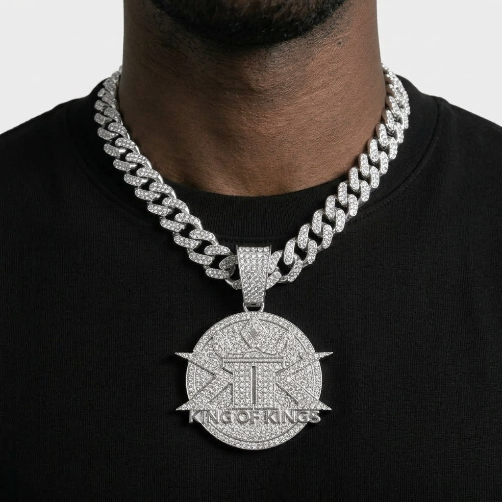Iced Out King of Kings Medallion Pendant Necklace on Cuban Link Chain – Crowned Double-K Emblem, Religious Jewelry | Silver or Gold