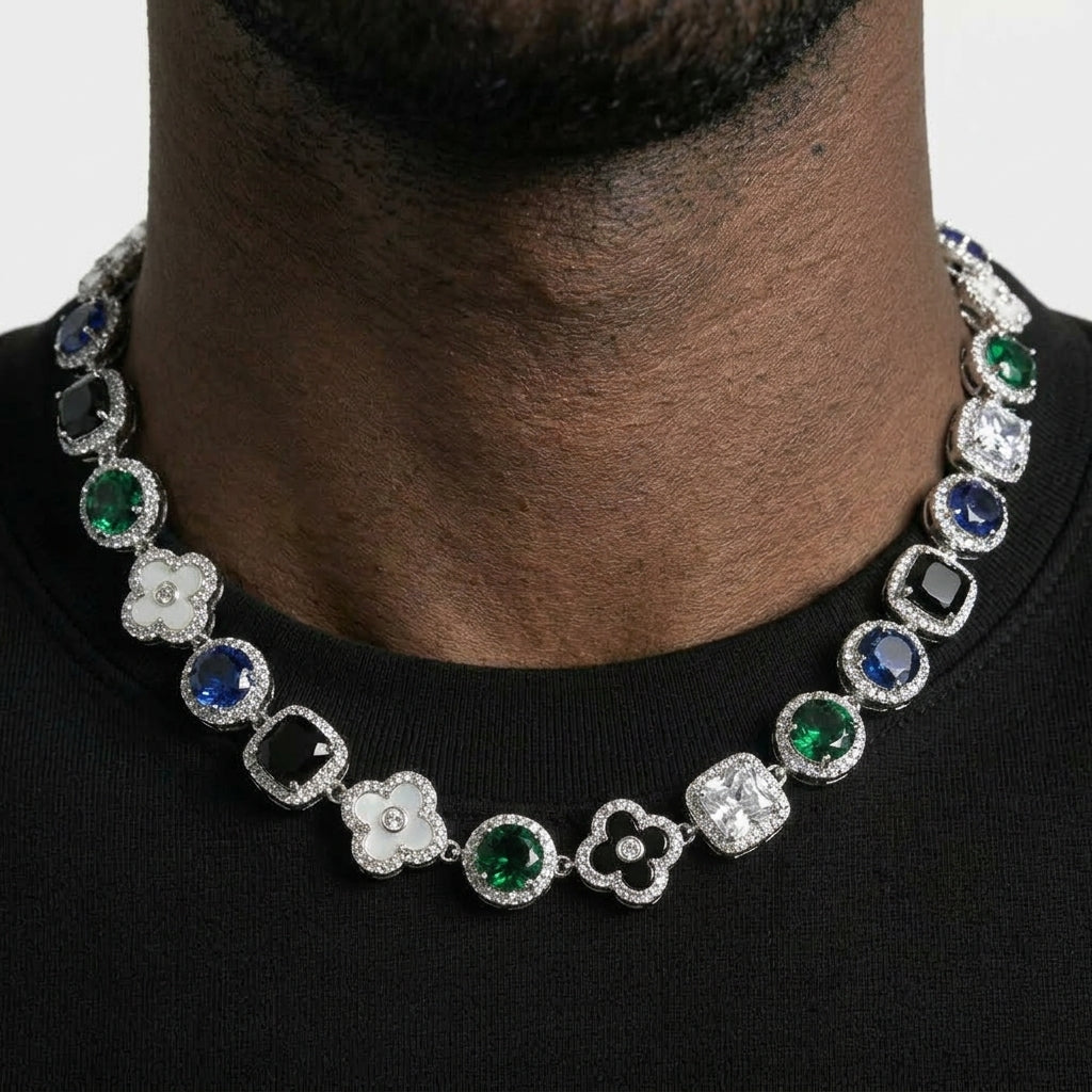 Iced Out Clover Station Link Chain Necklace – Inlaid Clovers Alternating with Halo-Set Colored Stones | Gold or Silver