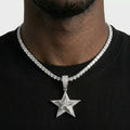 Iced Out Layered Star Pendant Necklace on Tennis Chain – Baguette-Stone Inner Star with Pavé Border | Gold or Silver