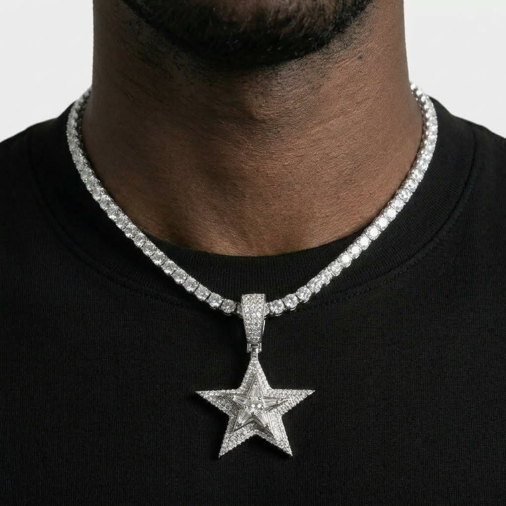 Iced Out Layered Star Pendant Necklace on Tennis Chain – Baguette-Stone Inner Star with Pavé Border | Gold or Silver