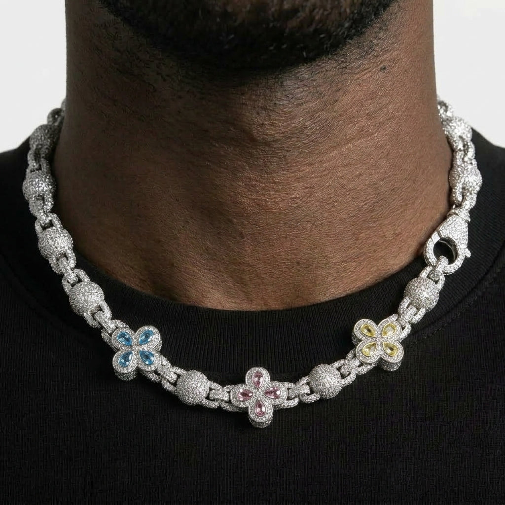 Iced Out Clover Flower Link Chain Necklace – Pear-Stone Clovers with Stone-Set Ball Links | Gold, Silver or Silver/Multicolor