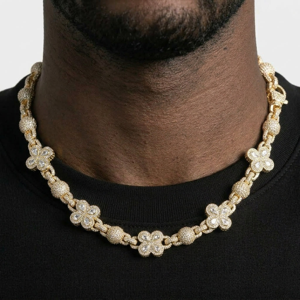 Iced Out Clover Flower Link Chain Necklace – Pear-Stone Clovers with Stone-Set Ball Links | Gold, Silver or Silver/Multicolor