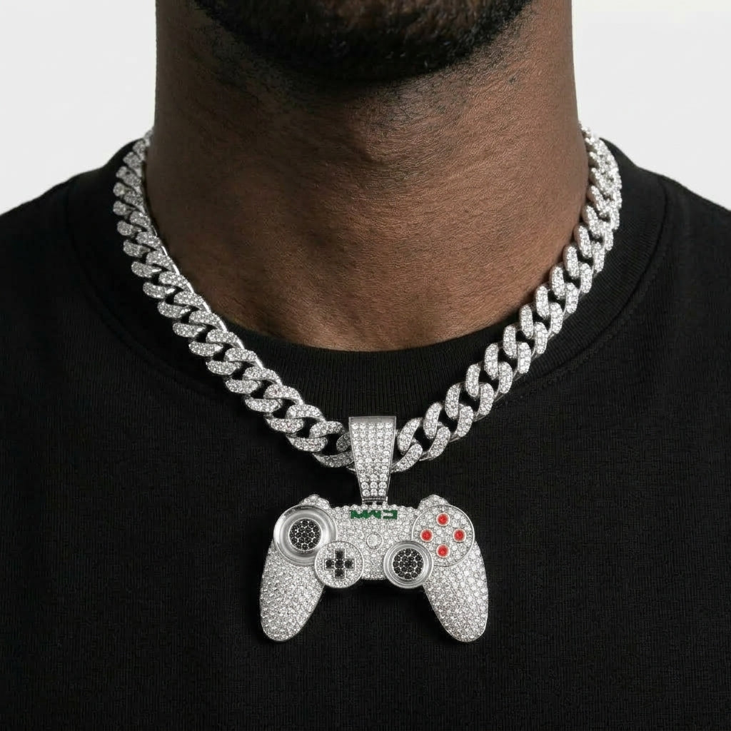Iced Out Game Controller Pendant Necklace on Cuban Link Chain – Gamepad with Red Buttons & Black Stone Thumbsticks | Gold or Silver