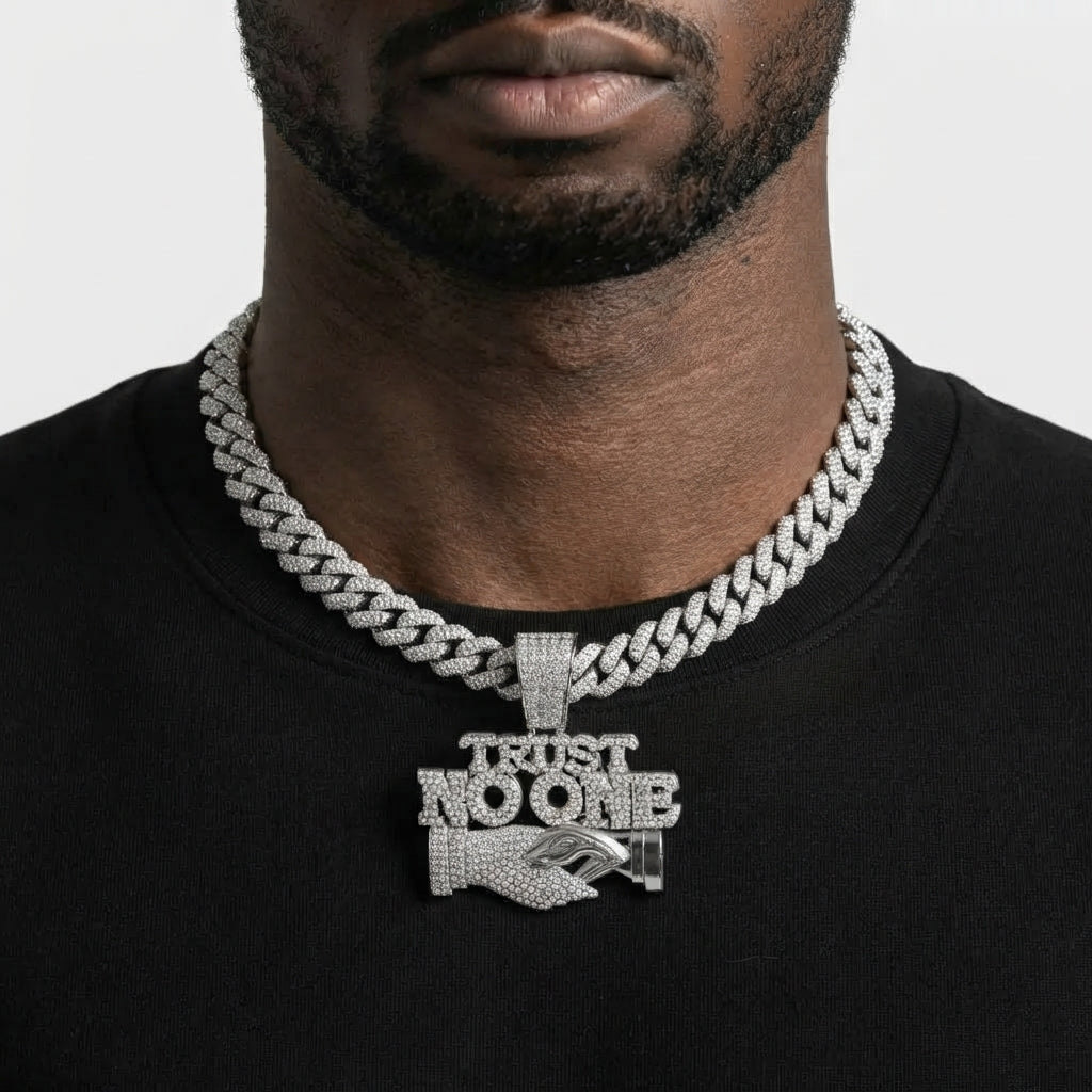 Iced Out TRUST NO ONE Pendant Necklace on Cuban Link Chain – Snake Handshake Design | Gold or Silver