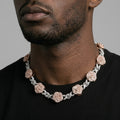Iced Out Rose Flower Link Chain Necklace – Layered-Petal Roses with Stone-Set Infinity Links | Silver/Rose Gold or Silver