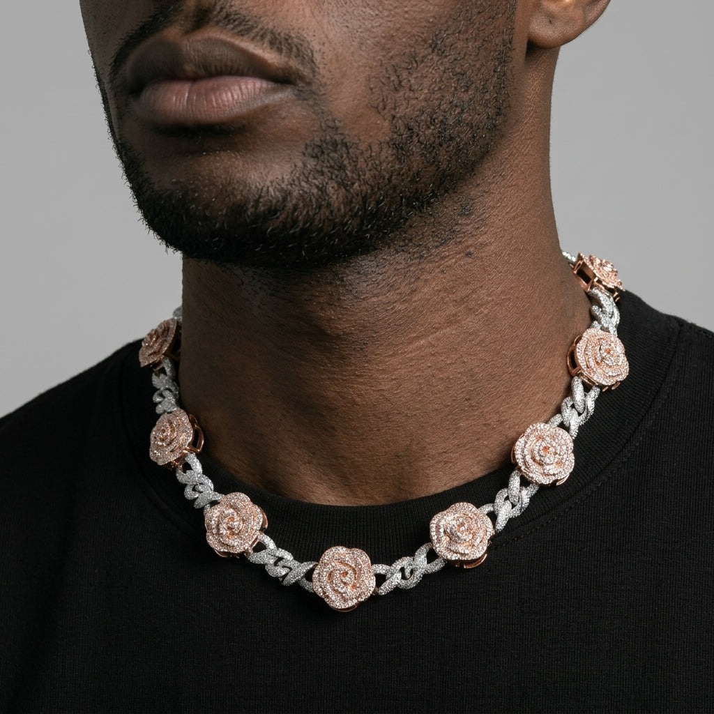 Iced Out Rose Flower Link Chain Necklace – Layered-Petal Roses with Stone-Set Infinity Links | Silver/Rose Gold or Silver