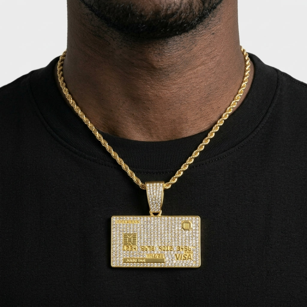 Iced Out Credit Card Pendant Necklace on Wheat Chain – Stone-Covered Bank Card Design | Silver or Gold