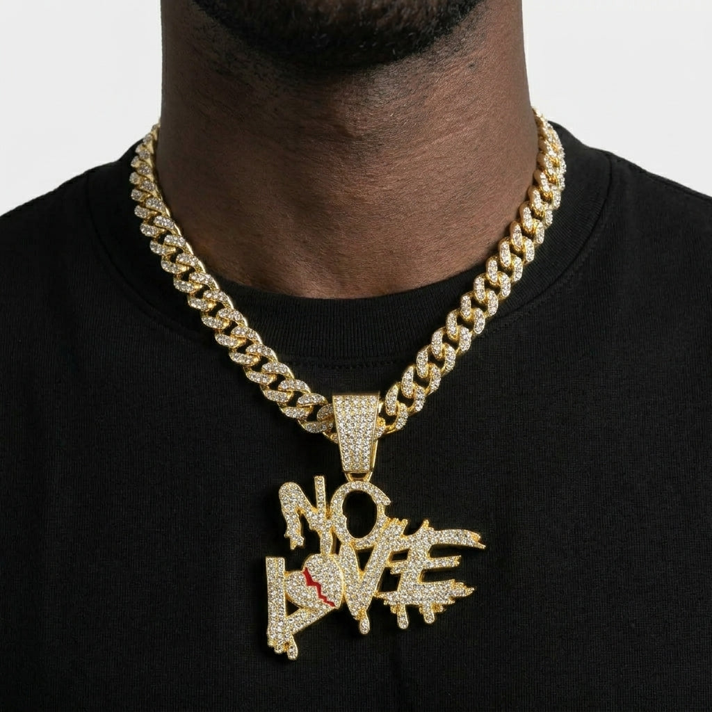 Iced Out NO LOVE Pendant Necklace on Cuban Link Chain – Dripping Letters & Broken Heart with Red Enamel Crack | Silver or Gold