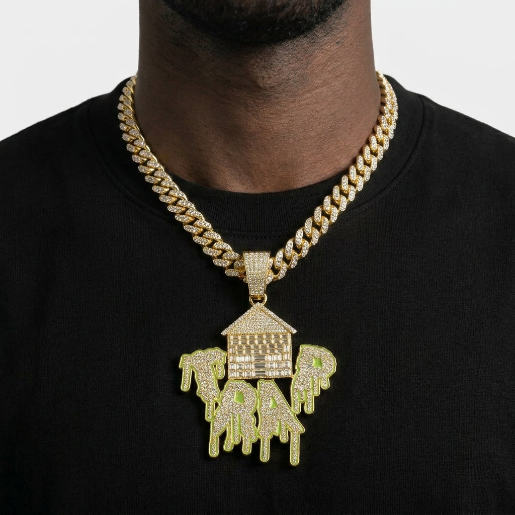Iced Out Trap House Pendant Necklace on Cuban Link Chain – Baguette-Stone House & Green Drip TRAP Letters | Silver or Gold