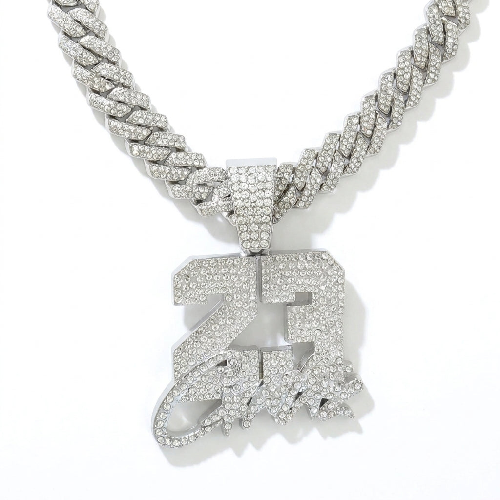 Iced Out Number 23 Pendant Necklace on Cuban Link Chain – Block Numerals with Script Lettering | Silver or Gold
