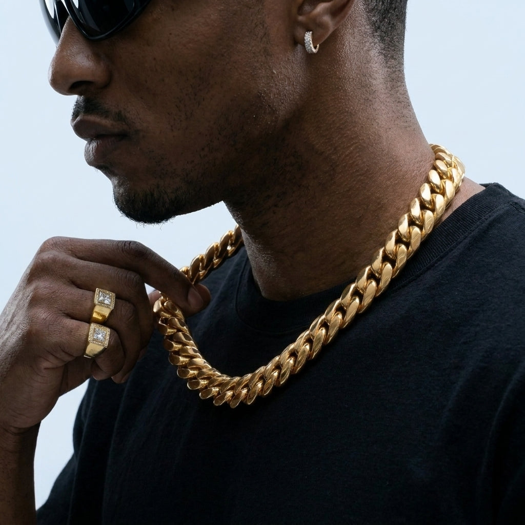 20mm Gold Cuban Link Chain Necklace – Polished Flat Interlocking Links
