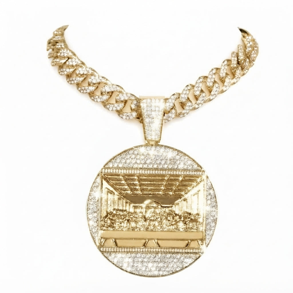 Iced Out Last Supper Medallion Pendant Necklace on Cuban Link Chain – Polished Relief Scene, Religious Jewelry | Gold or Silver