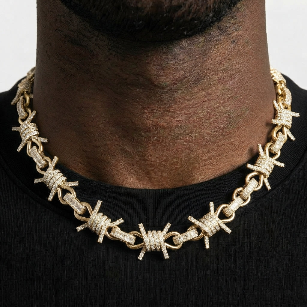 Barbed Wire Chain Necklace – Iced Out Clear Stone Thorn Link Design, Silver & Gold