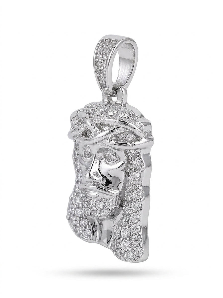 Iced Out Jesus Piece Pendant – Polished Face & Crown of Thorns, Stone-Set Hair & Beard, Religious Jewelry | Silver & Gold, Pendant Only