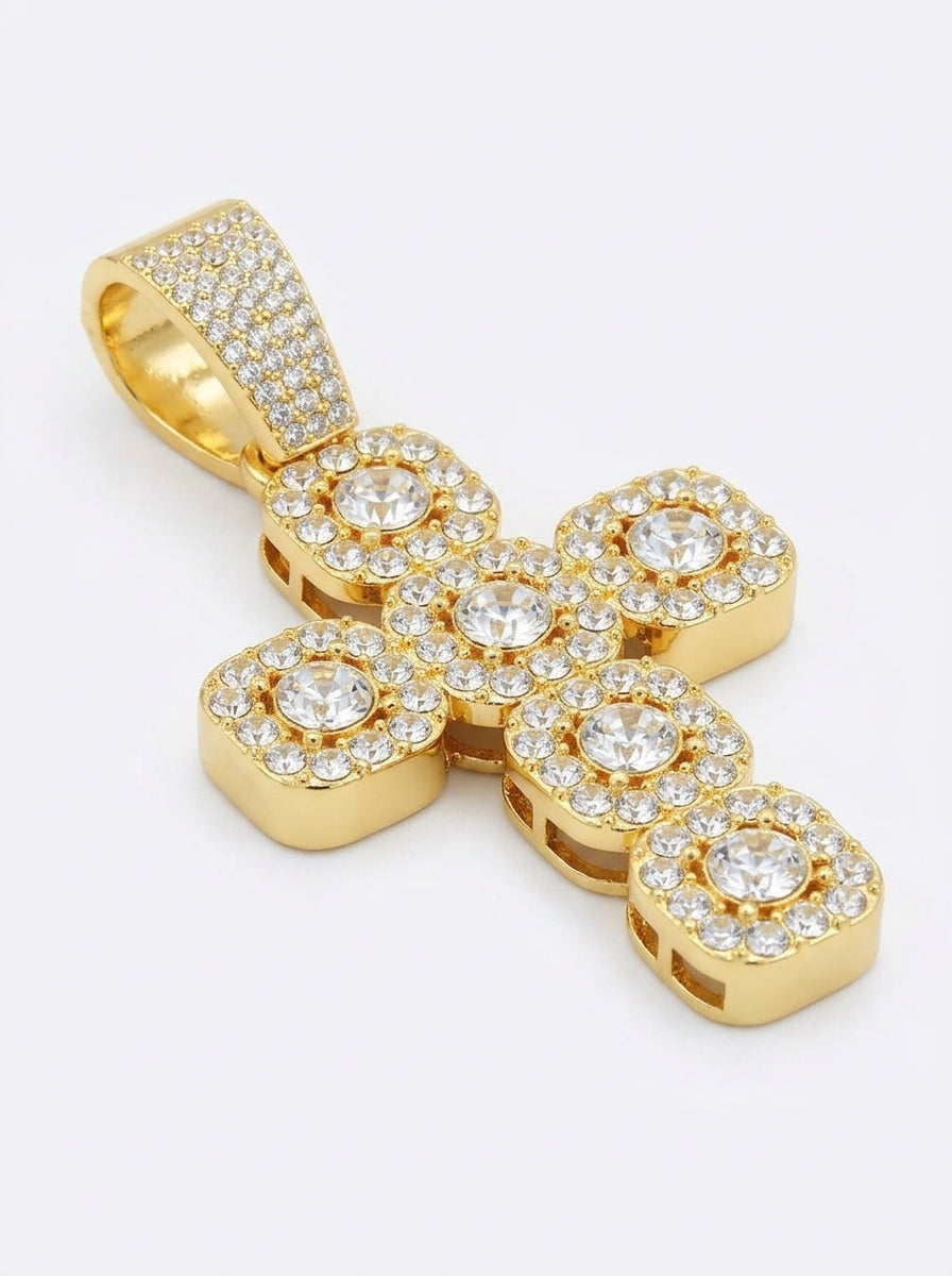 Iced Out Halo Cluster Cross Pendant – Six Round Center Stones in Square Halos, Religious Jewelry | Gold & Silver, Pendant Only