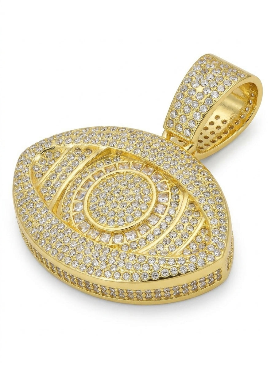 Iced Out Evil Eye Pendant – Almond-Shaped Eye with Square-Stone Iris Ring | Gold or Silver, Pendant Only