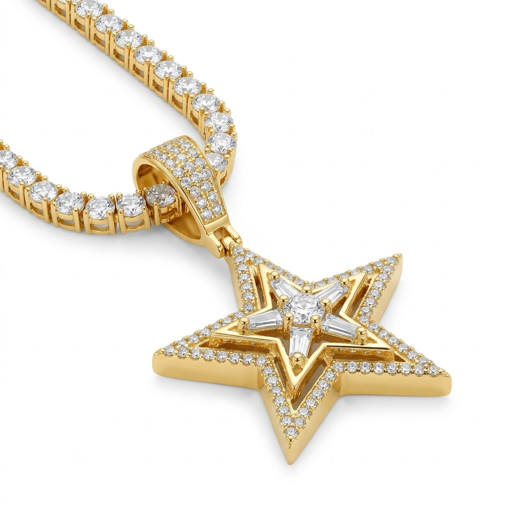 Iced Out Layered Star Pendant Necklace on Tennis Chain – Baguette-Stone Inner Star with Pavé Border | Gold or Silver