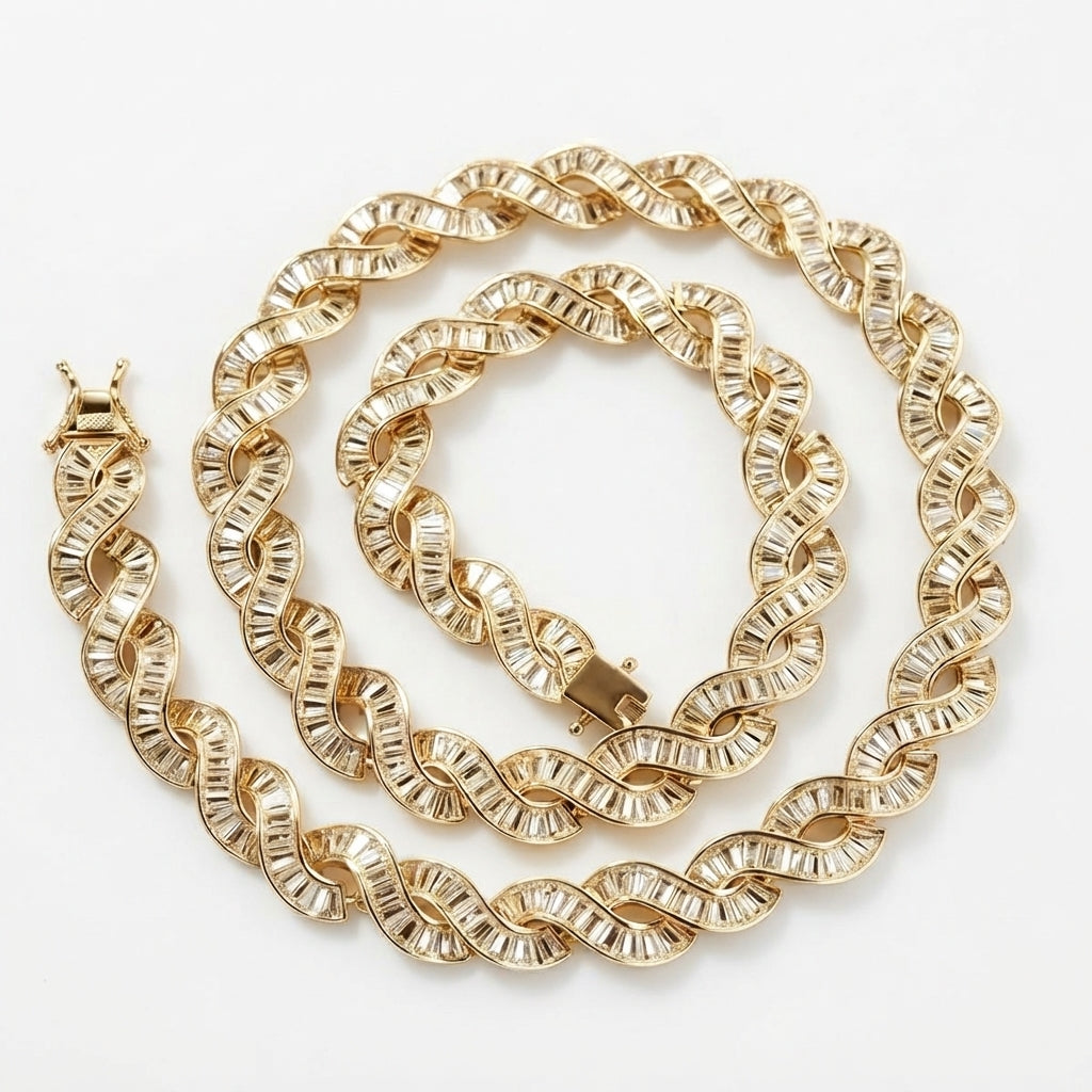 Iced Out Baguette Infinity Link Chain Necklace – Interlocking Figure-8 Links, Fully Stone-Set | Gold or Silver