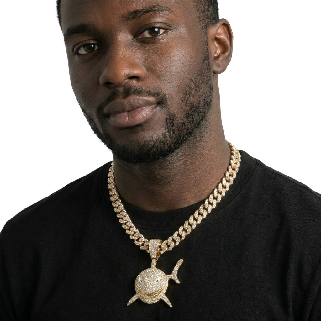 Iced Out Shark Pendant Necklace on Cuban Link Chain – Grinning Shark with Enamel Eyes & Stone-Set Fins | Silver or Gold