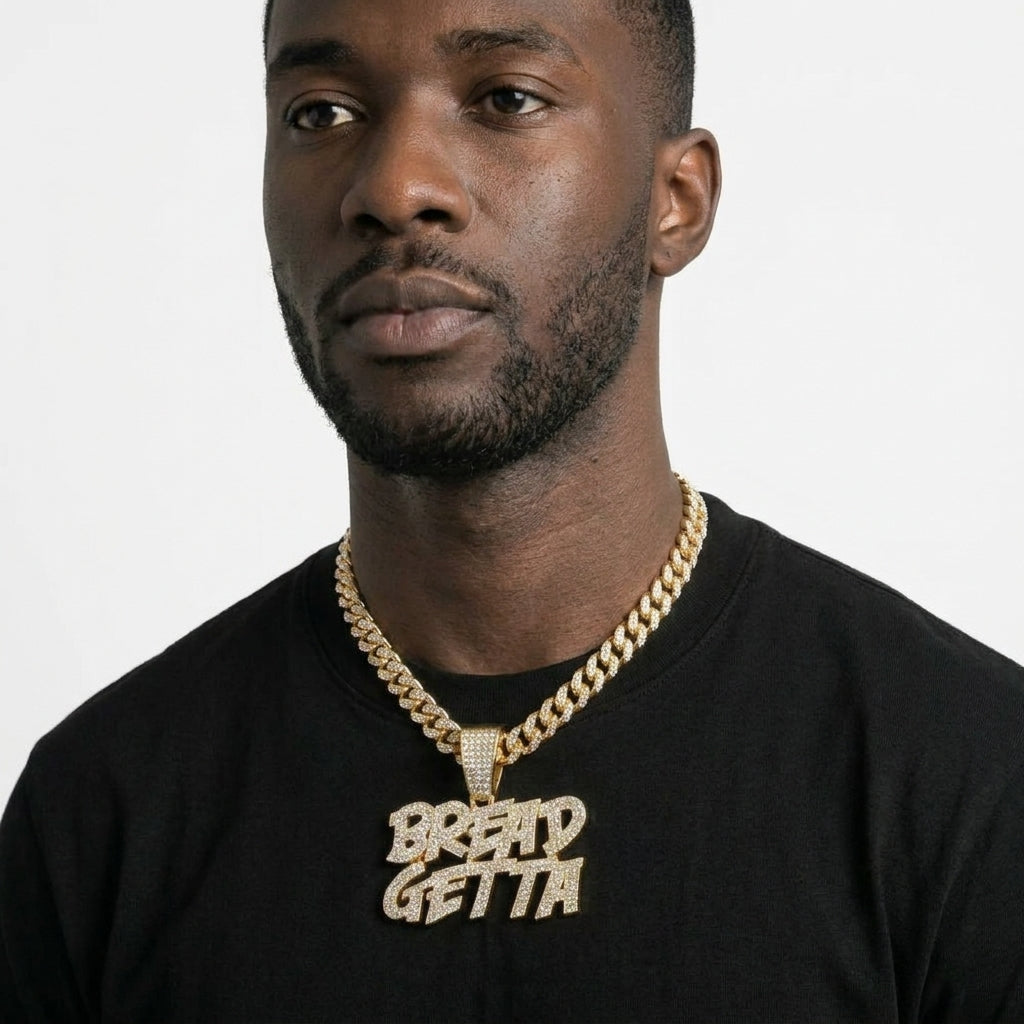 Iced Out BREAD GETTA Pendant Necklace on Cuban Link Chain – Stacked Graffiti-Style Letters | Silver or Gold