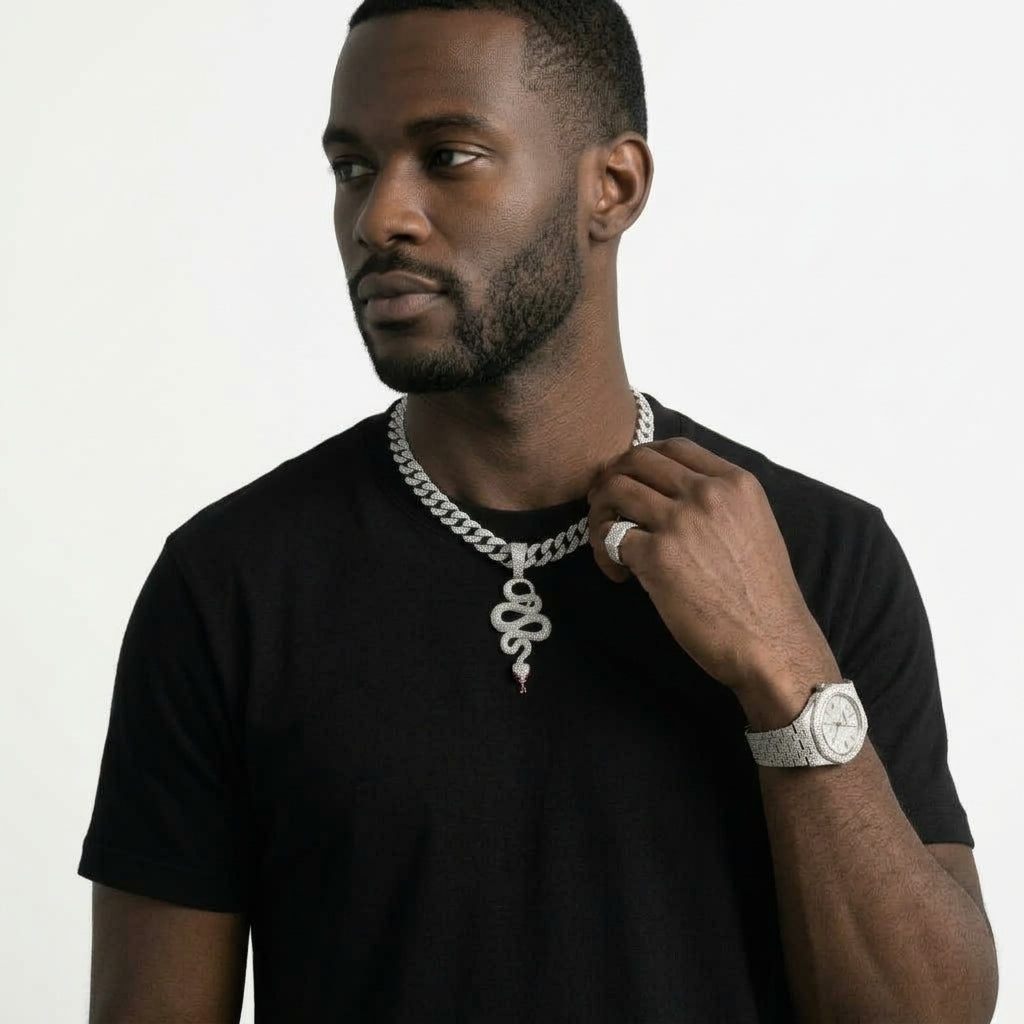 Iced Out Snake Pendant Necklace on Cuban Link Chain – Coiled Serpent with Red Eyes & Tongue | Gold or Silver