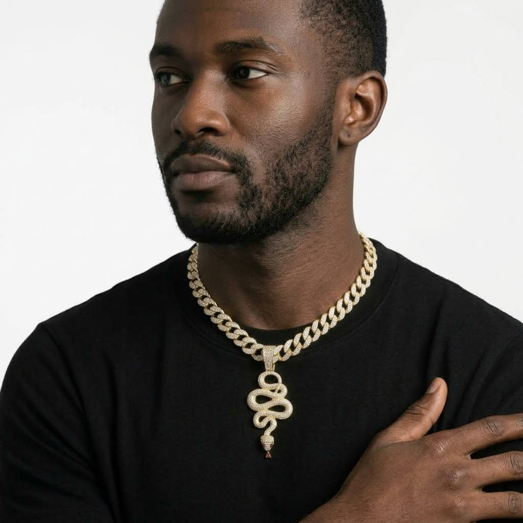 Iced Out Snake Pendant Necklace on Cuban Link Chain – Coiled Serpent with Red Eyes & Tongue | Gold or Silver