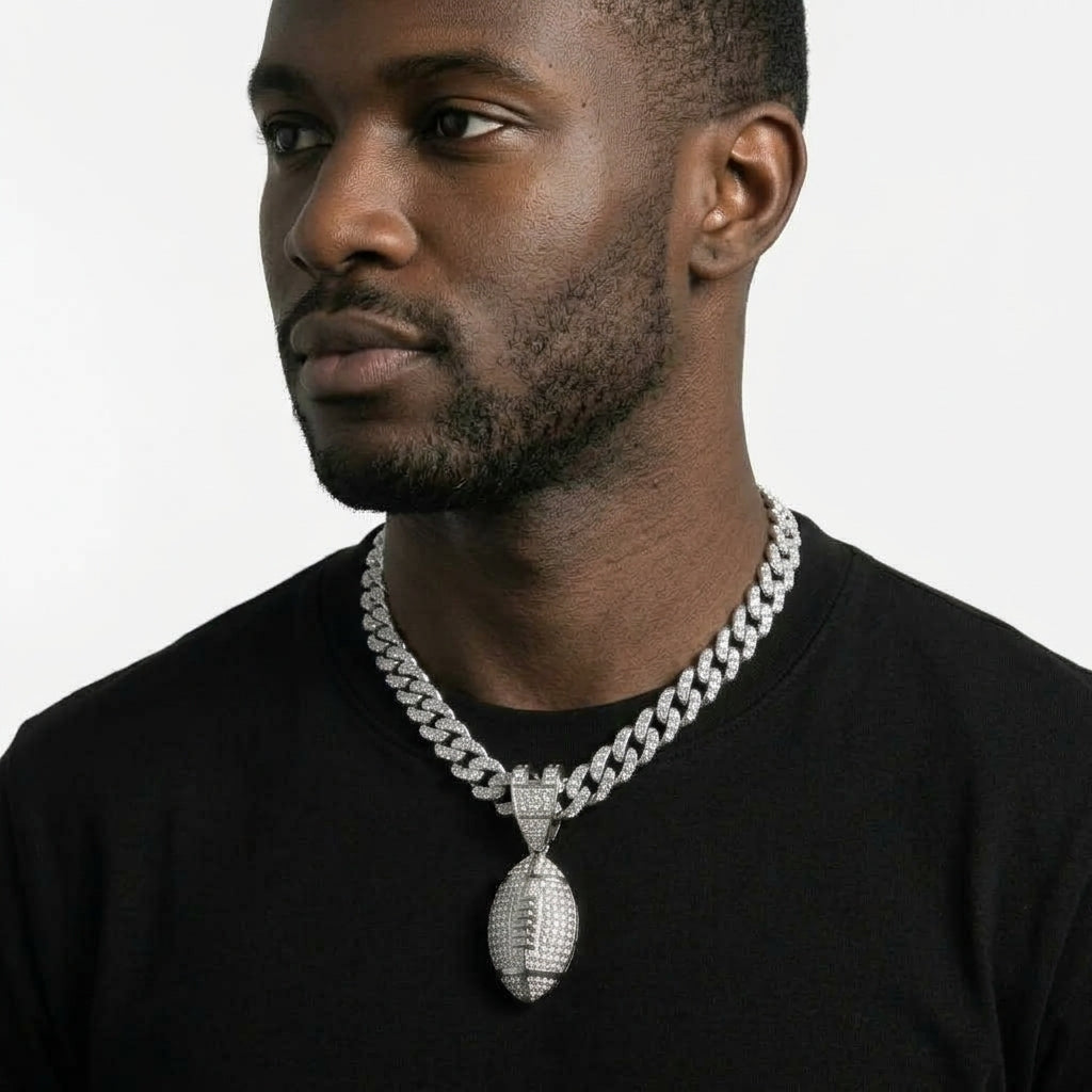 Iced Out Football Pendant Necklace on Cuban Link Chain – Stone-Set Ball with Polished Laces & Seams | Gold or Silver