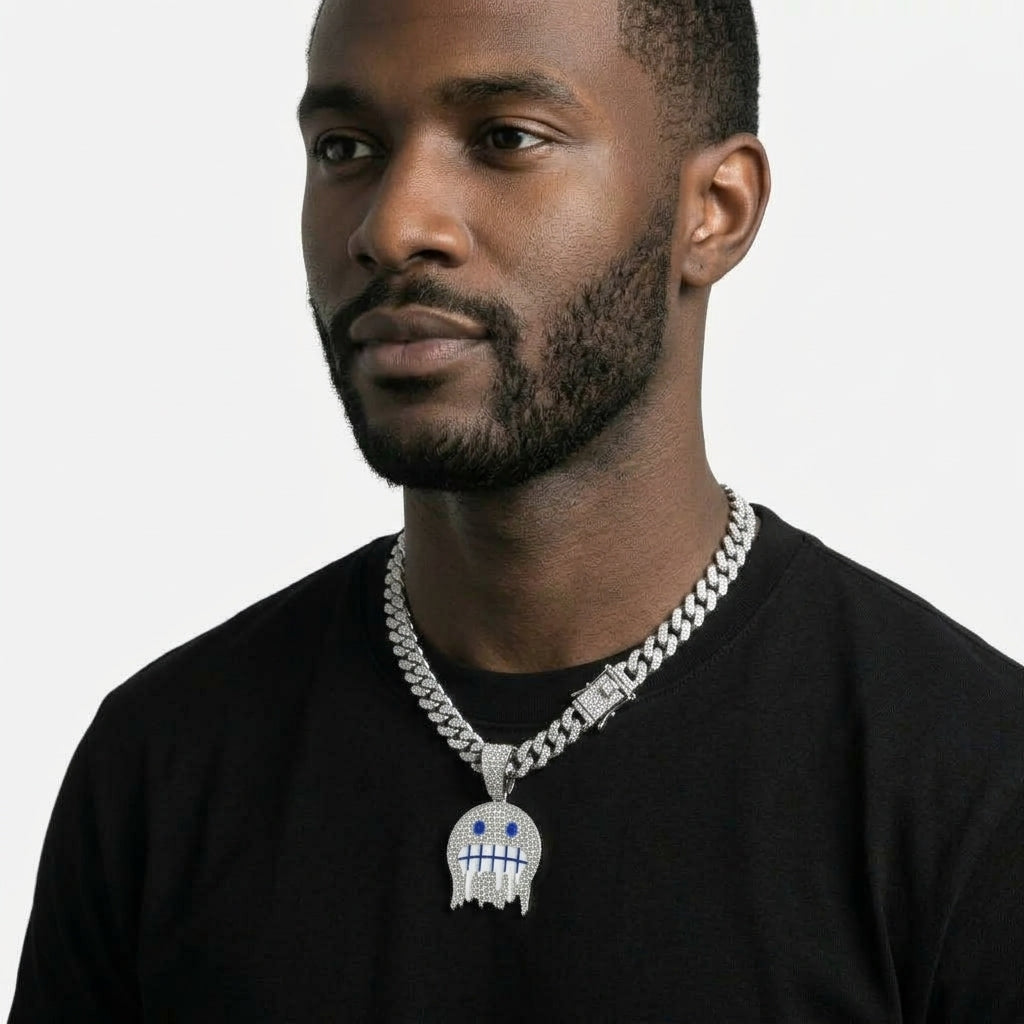 Iced Out Frozen Drip Emoji Pendant Necklace on Cuban Link Chain – Grimacing Face with Blue Enamel Eyes | Gold or Silver
