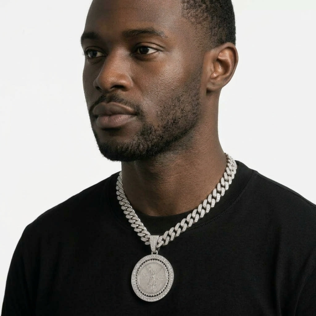 Iced Out Centenario 50 Pesos Coin Pendant Necklace on Cuban Link Chain – Replica Coin in Stone-Set Bezel | Gold or Silver