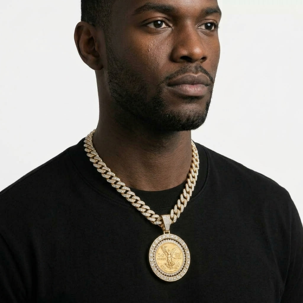 Iced Out Centenario 50 Pesos Coin Pendant Necklace on Cuban Link Chain – Replica Coin in Stone-Set Bezel | Gold or Silver