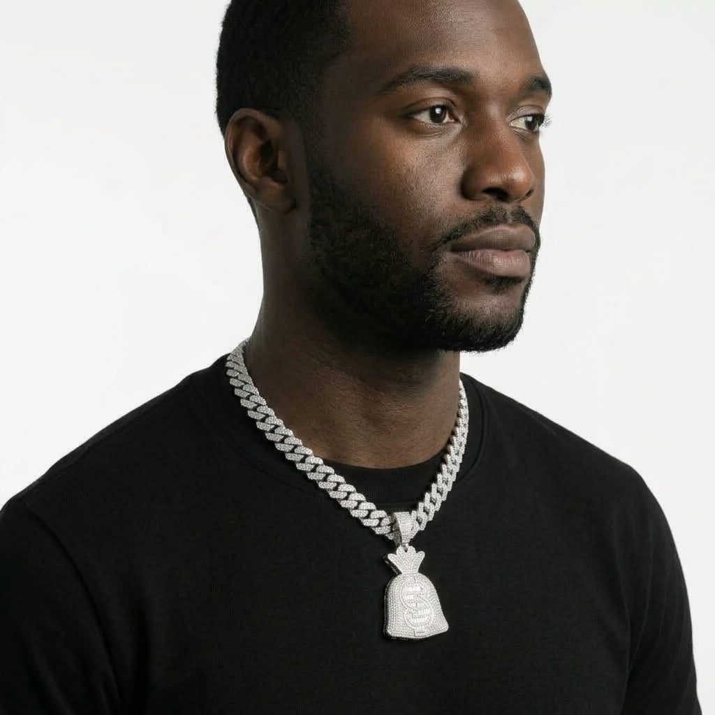 Iced Out Money Bag Pendant Necklace on Cuban Link Chain – Baguette-Stone Dollar Sign | Gold or Silver