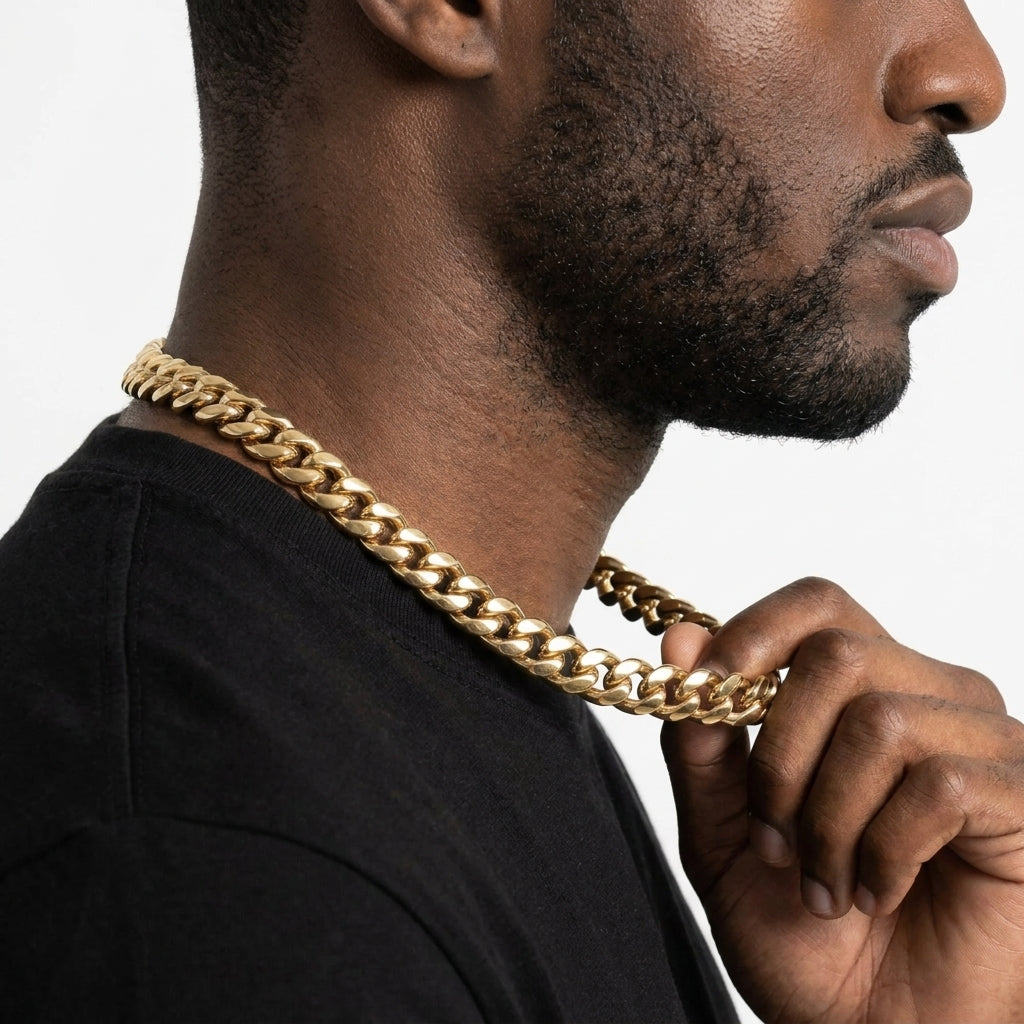 18mm Gold Cuban Link Chain Necklace – Polished Flat Interlocking Links