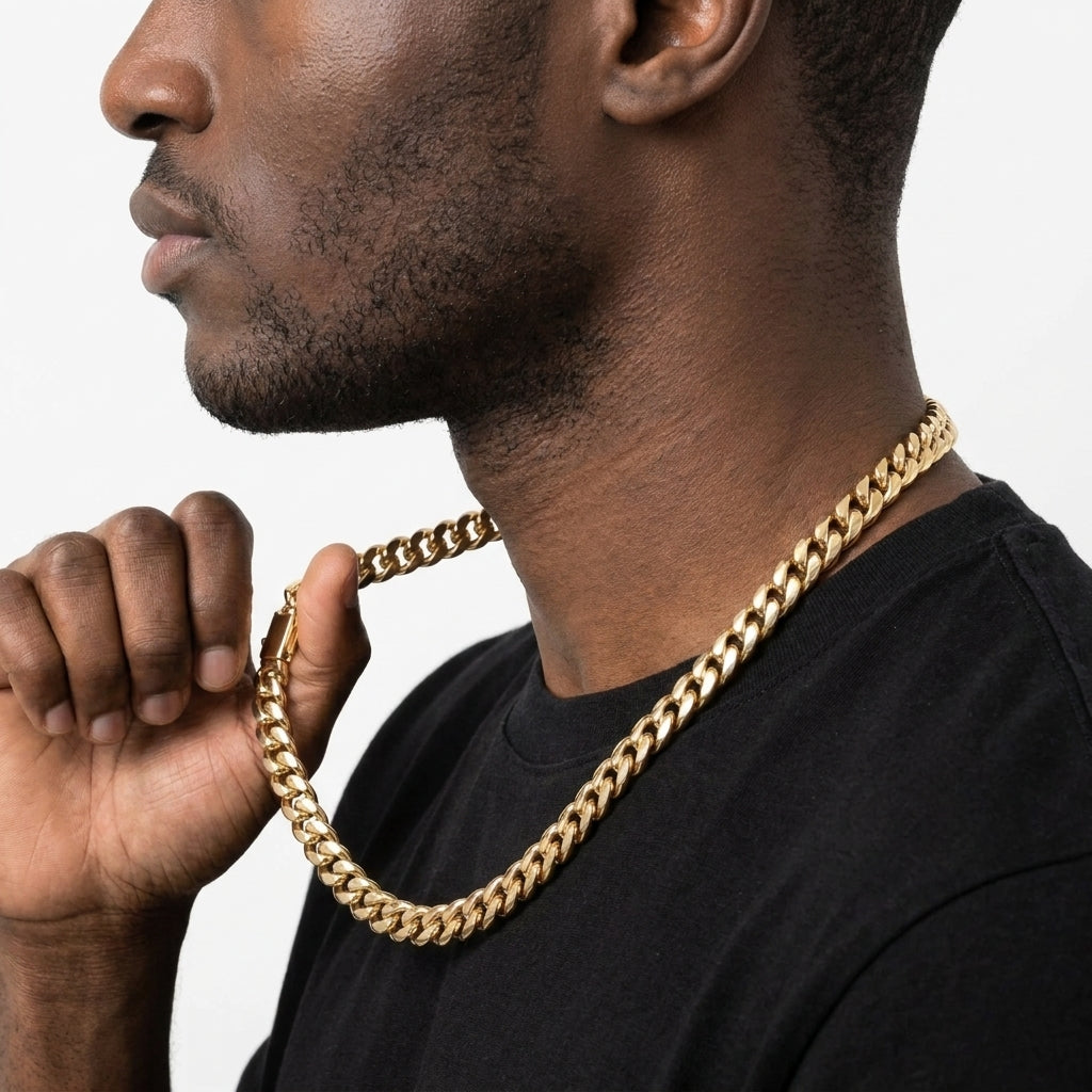 14mm Gold Cuban Link Chain Necklace – Polished Flat Interlocking Links