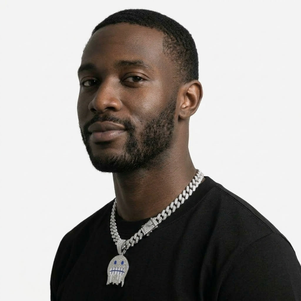 Iced Out Frozen Drip Emoji Pendant Necklace on Cuban Link Chain – Grimacing Face with Blue Enamel Eyes | Gold or Silver