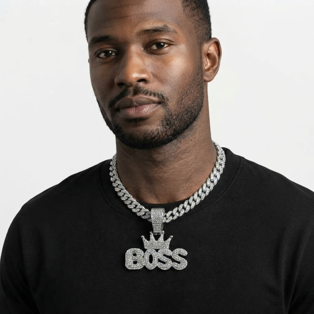 Iced Out Crowned BOSS Pendant Necklace on Cuban Link Chain – Puffy Bubble Letters with Stone-Set Crown | Gold or Silver