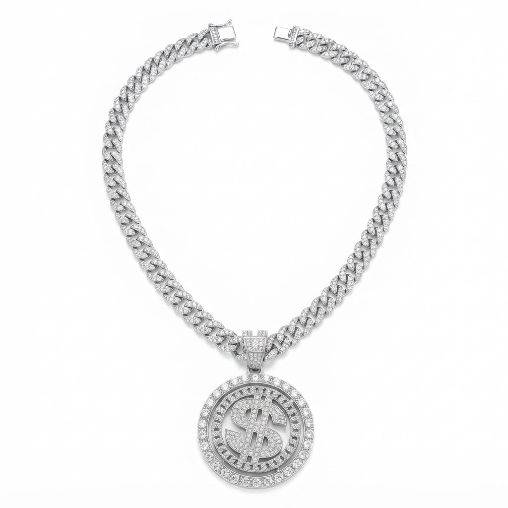 Iced Out Dollar Sign Medallion Pendant Necklace on Cuban Link Chain – Round Stone-Set Frame | Silver or Gold