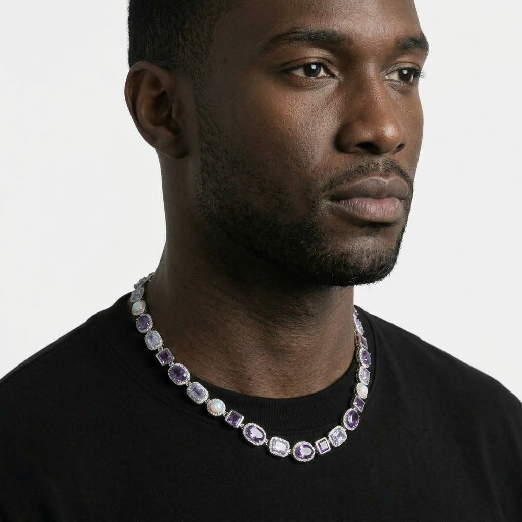 Iced Out Mixed-Cut Colored Stone Link Chain Necklace – Halo-Set Oval, Square & Rectangle Stones | Gold/Blue or Silver/Purple