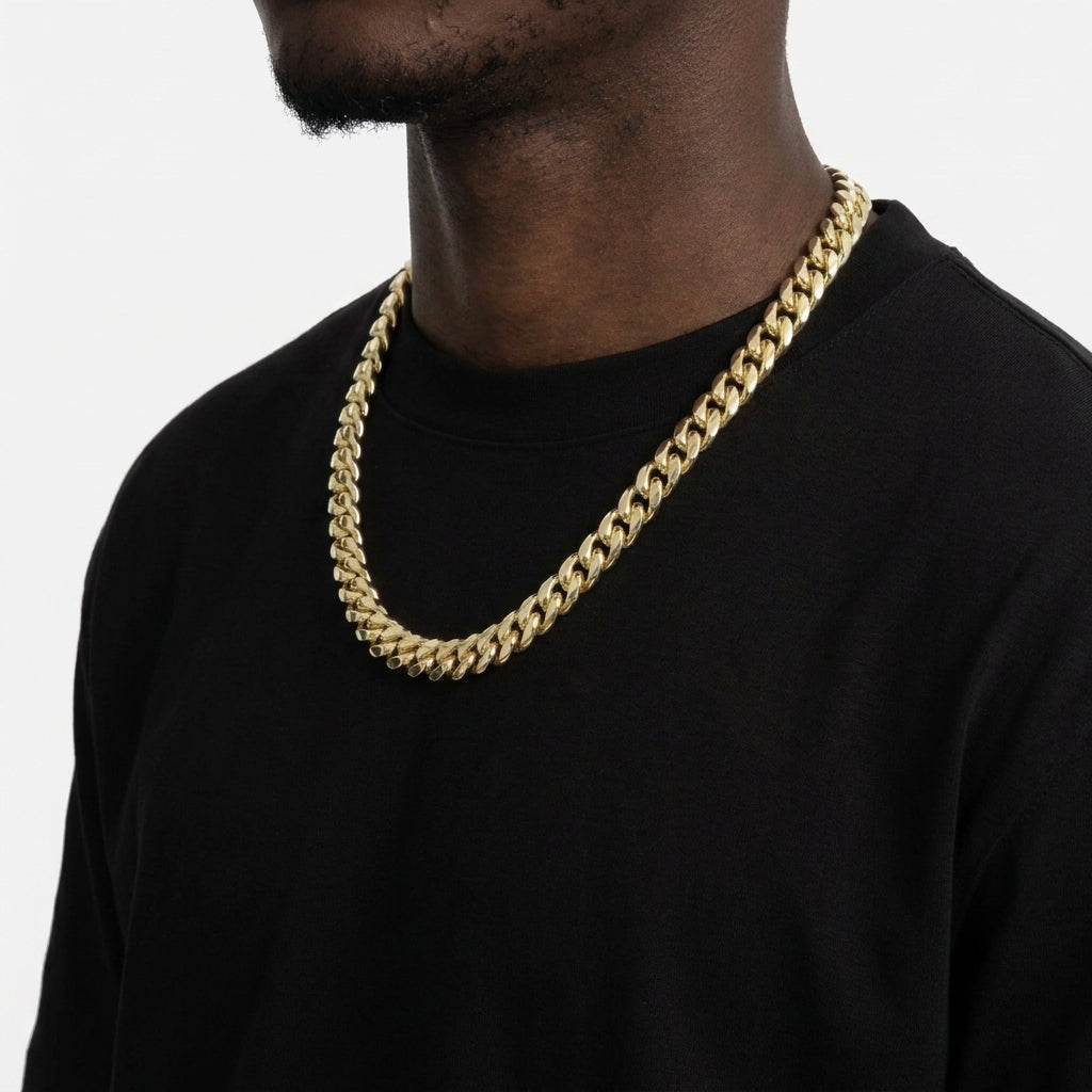 12mm Gold Cuban Link Chain Necklace – Polished Flat Interlocking Links