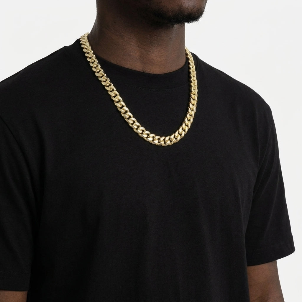 12mm Gold Cuban Link Chain Necklace – Polished Flat Interlocking Links