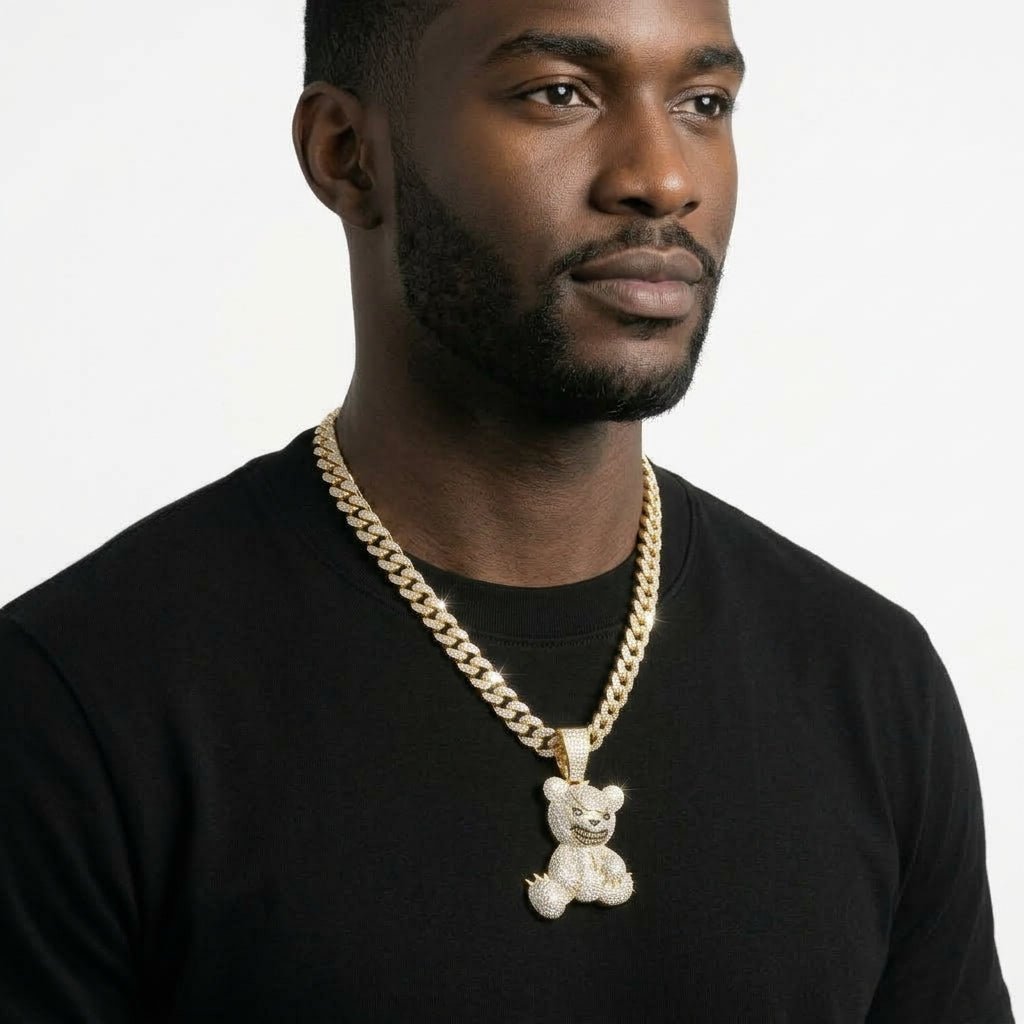 Iced Out Teddy Bear Pendant Necklace – Cuban Link Chain, Gold or Silver
