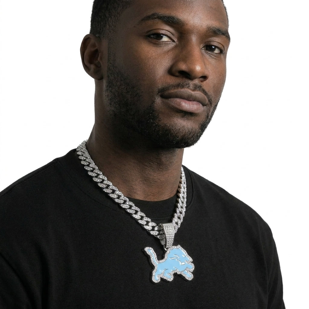 Detroit Lions Iced Out Pendant Necklace on Cuban Link Chain – Light Blue Enamel Leaping Lion with Stone-Set Border | Gold or Silver
