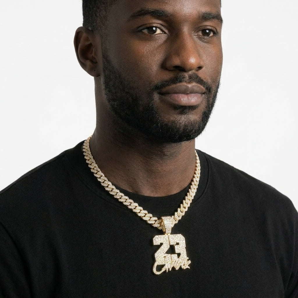 Iced Out Number 23 Pendant Necklace on Cuban Link Chain – Block Numerals with Script Lettering | Silver or Gold