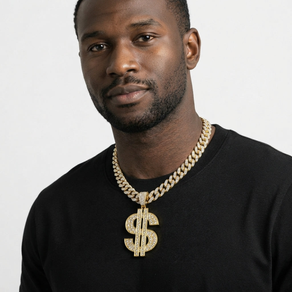 Iced Out Dollar Sign Pendant Necklace on Cuban Link Chain – Double-Bar Money Sign Design | Gold or Silver
