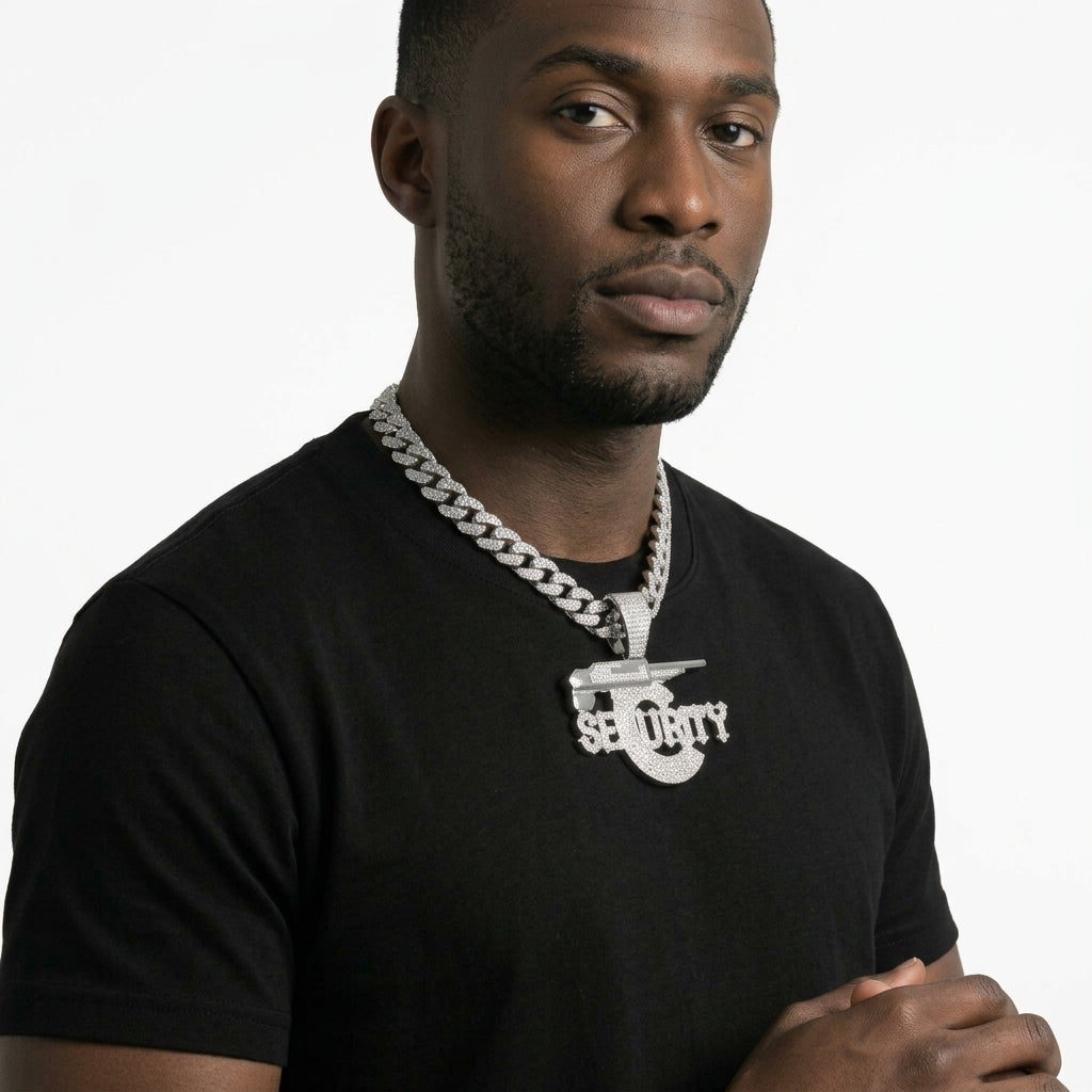 Iced Out SECURITY Pendant Necklace on Cuban Link Chain – Old English-Style Letters with Rifle Magazine C | Gold or Silver